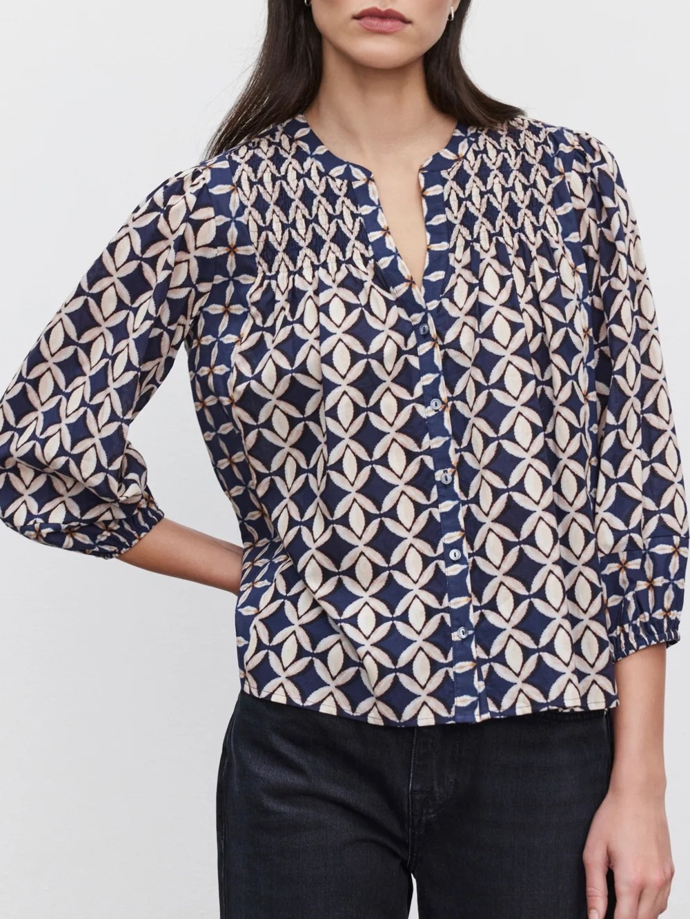 Haddon Top: Navy and Cream Geometric Button-Front Blouse